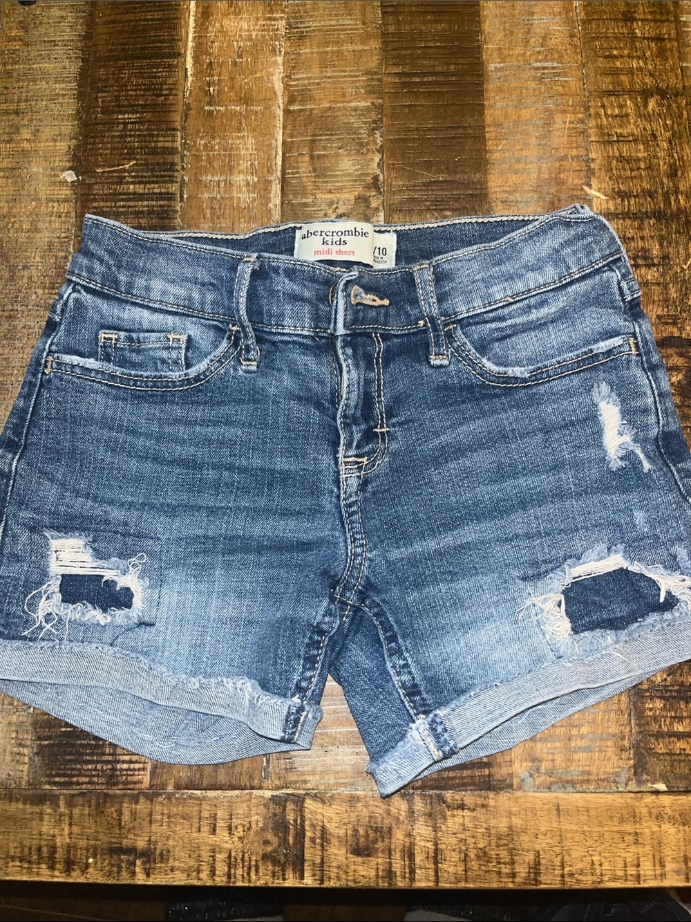 Abercrombie Kids Distressed Medium Blue Denim Midi Shorts